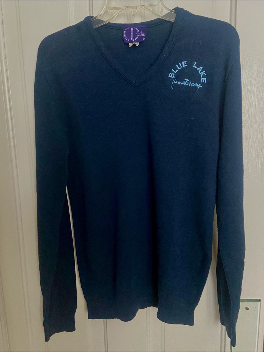 Blue Lake Fine Arts Camp Navy Knit V-Neck Cotton Sweater, Unisex Size Small
